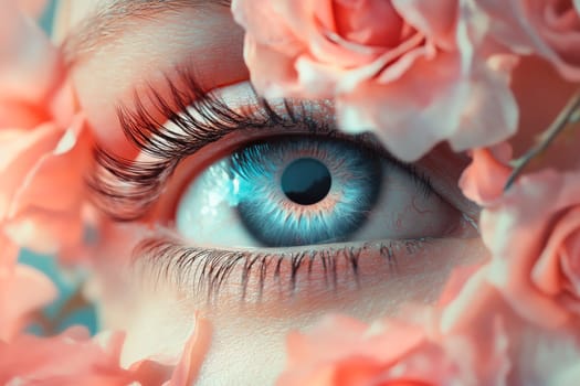 Close-up of beautiful woman eye with flower petals and stylish makeup. AI generated