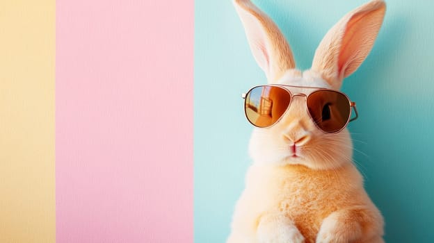 Easter rabbit with a sunglasses standing against color wall background. Copy space. AI generated