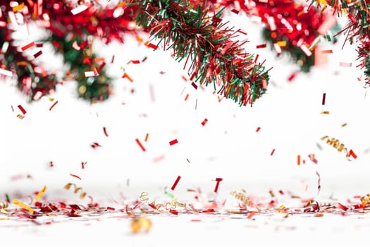 Colorful festive tinsel and confetti falling with white background, AI Generated