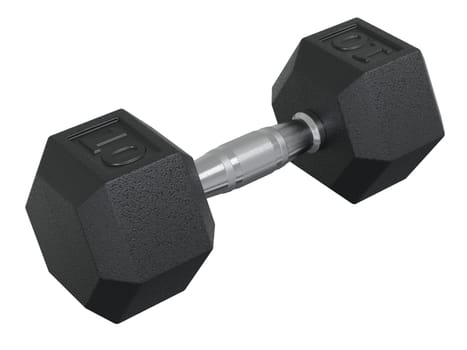 Hex Dumbbell with numbers 10, weightlifting gym equipment, side view, isolated on white background. 3D illustration