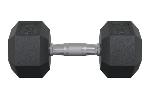 Hex Dumbbell with numbers 12.5, weightlifting gym equipment, side view, isolated on white background. 3D illustration