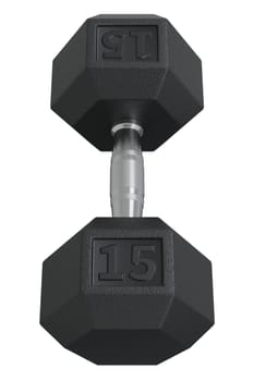 Hex Dumbbell with numbers 15, weightlifting gym equipment, top view, isolated on white background. 3D illustration