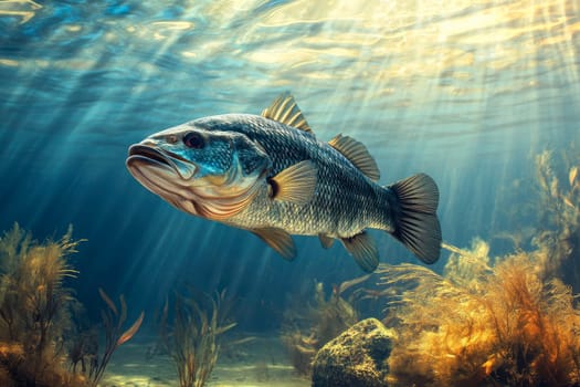 Black bass swimming underwater, fresh water ecosystem with sunlight. AI generated