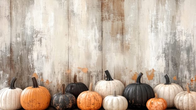 Pumpkins and leaves on a rustic wood background. Copy space. AI generated