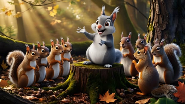 beautiful little brown squirrels sitting on a tree stump in the forest