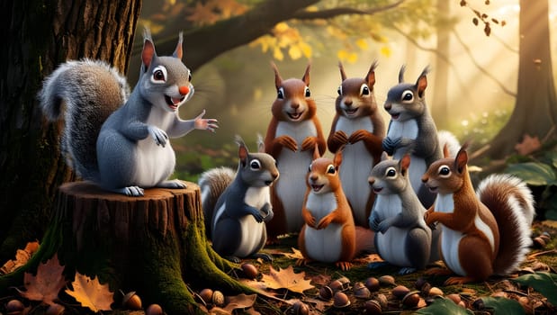 beautiful little brown squirrels sitting on a tree stump in the forest