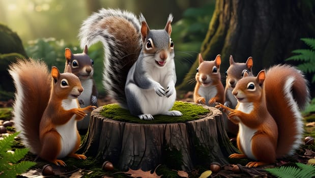 beautiful little brown squirrels sitting on a tree stump in the forest
