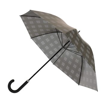 Open black umbrella with checkered plaid pattern black handle lying on a side or flying away, isolated on white background. 3D illustration