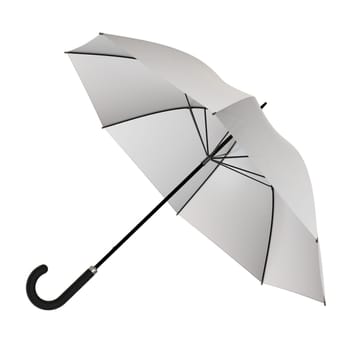 Open white umbrella with black handle lying on a side or flying away, isolated on white background. 3D illustration