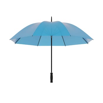 Open blue umbrella with black handle, isolated on white background. 3D illustration