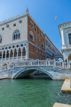 Venice, Italy - July 26, 2024: Palazzo Ducale from the lagoon in Venice, Italy. Formerly the residence of the Doge and now a museum, the palace is one of the main landmarks of the city