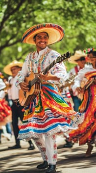 People in traditional Mexican clothing smiling and dancing outdoors, festive atmosphere, AI Generated