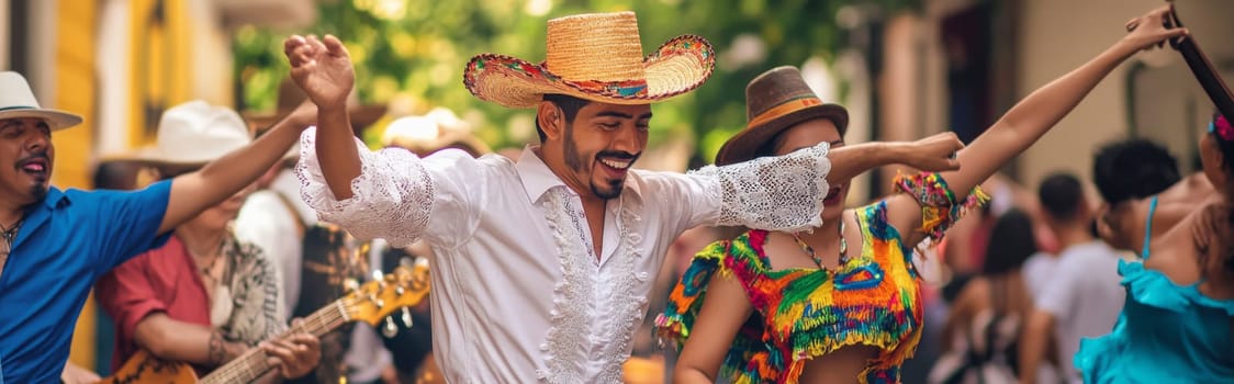 Festive street scene with smiling people in traditional Mexican clothing singing and dancing, AI generated