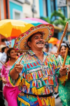 Festive street scene with smiling people in traditional Mexican clothing singing and dancing, AI generated