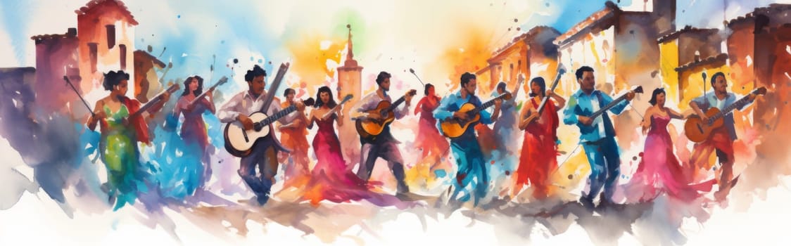 Colorful street latin american celebration with happy people dancing and playing musical instruments, AI Generated