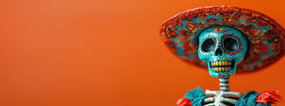 Day of the Dead Figurine with Sombrero on Orange Background. Concept of Dia de los Muertos, Mexican Culture