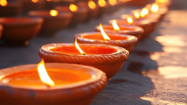 Row of oil lamps or diyas lit, during Diwali festival. Concept of Celebration, Tradition, Spirituality.