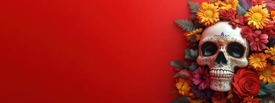 Colorful skull surrounded by vibrant flowers on a red background, Celebration of life and death.