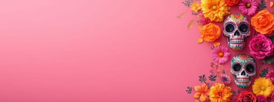 Day of the Dead, Dia de los Muertos background. Sugar skulls with flowers on pink