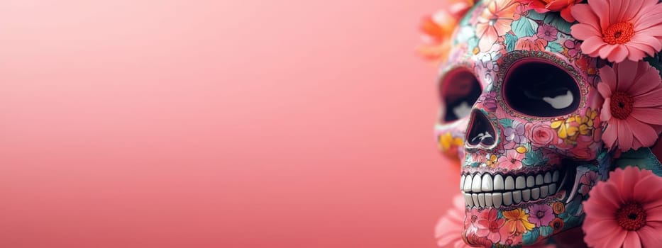 Sugar Skull decorated with flowers for Dia de los Muertos celebration. Concept of Day of the Dead, Mexican tradition, remembrance.