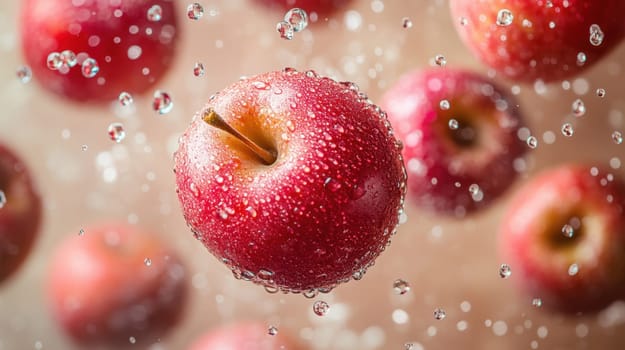 Fresh red apples with water splash. Concept of healthy eating, freshness and fruit.
