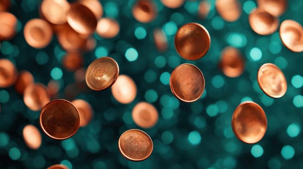 Shower of copper coins on a teal background. Concept of wealth, finance, and abundance.