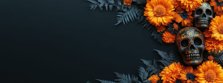 Dark Halloween background with skulls and orange flowers. Concept spooky, gothic, celebration.