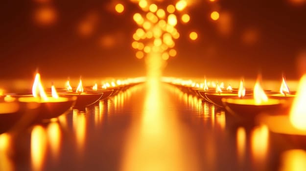 Row of oil lamps or diyas. Concept of Diwali, festivity and celebration.