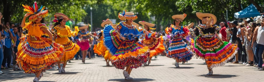 Woman in colorful traditional dress dancing at a latin american street festival, AI generated