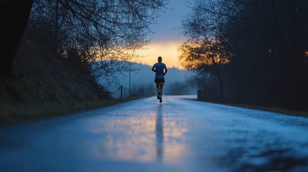 Woman running on a wet road at sunset. Concept of determination, fitness and healthy lifestyle.
