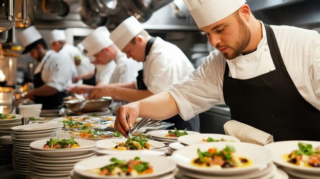 Team of chefs plating food in a commercial kitchen. Concept of teamwork, culinary art, and fine dining experience.