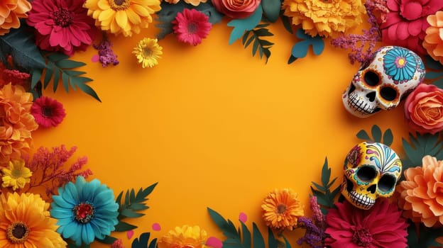 Day of the Dead, Dia de los Muertos colorful frame with sugar skulls and flowers. Copy space