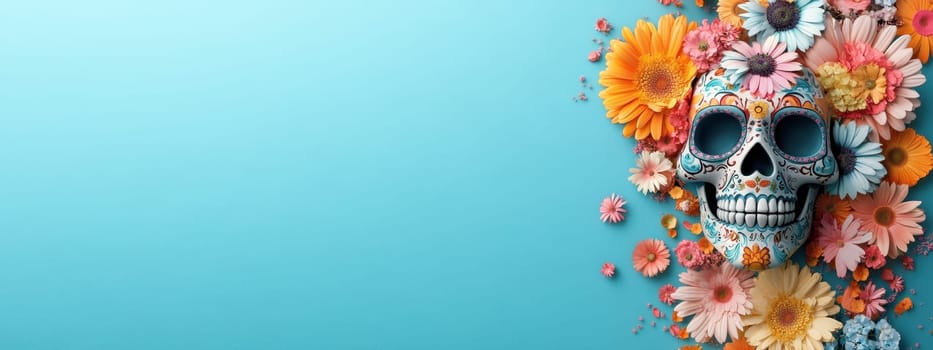 Colorful Mexican Day of the Dead skull with flowers. Concept of Mexican culture, tradition, and celebration.