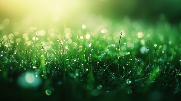 Dewdrops on lush green grass in morning sunlight. Concept spring, nature, freshness