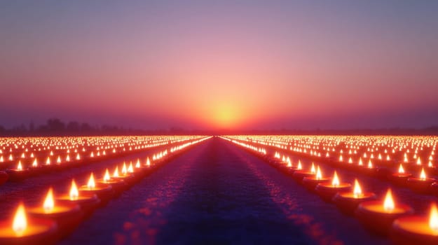 Thousands of glowing candles arranged in rows leading towards the sunset. Concept of hope, remembrance, spirituality.