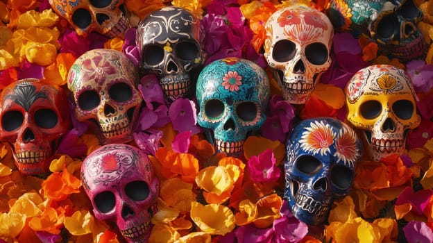 Colorful sugar skulls on flower petals. Concept of Dia de los Muertos, Mexican tradition.