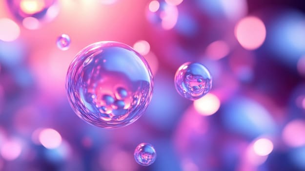 3D render of shiny, reflective, iridescent bubbles floating in a vibrant pink and blue background. Concept of science, beauty, and fantasy.