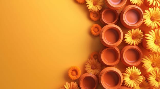 Diwali festival celebration concept with oil lamps and marigold flowers. Top view with copy space.
