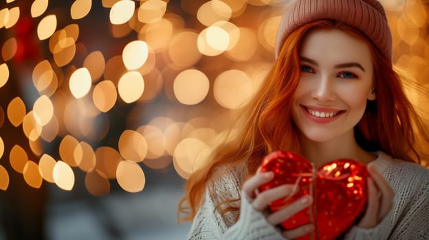 Beautiful redhead young adult woman with gift for Valentines Day with bokeh at background. Neural network generated image. Not based on any actual person or scene.