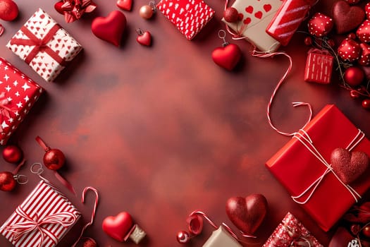 Top view Valentines Day or birthday party layout with red decor. Neural network generated image. Not based on any actual person or scene.