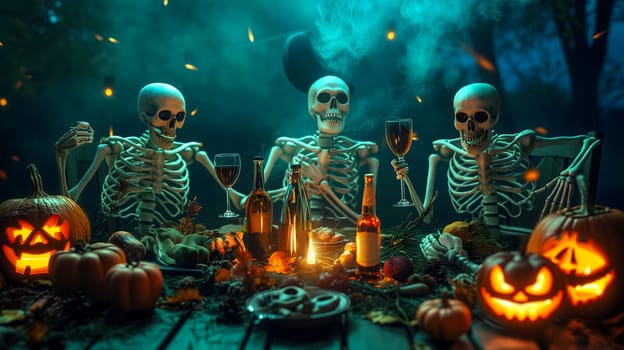 Skeletons sitting at the table and having a Halloween party. Neural network generated image. Not based on any actual scene or pattern.