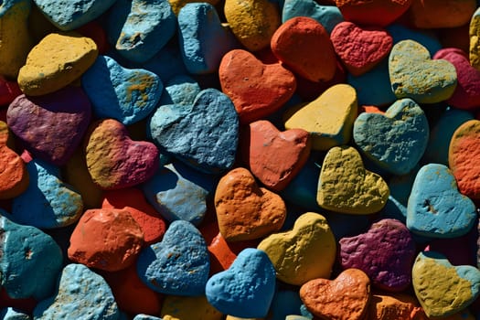 Full-frame background of colorful hearts. Neural network generated image. Not based on any actual person or scene.
