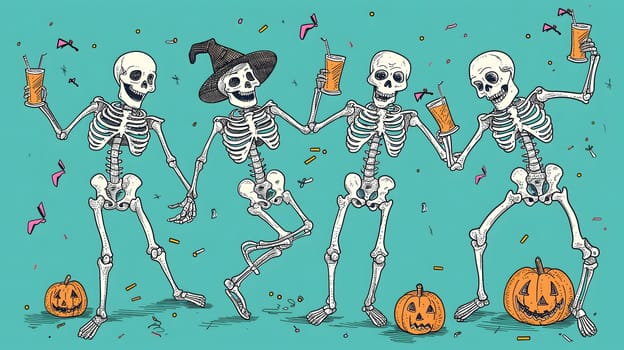 Skeletons sitting at the table and having a Halloween party. Neural network generated image. Not based on any actual scene or pattern.
