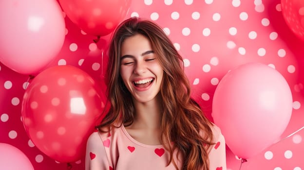 Young adult woman with red and pink air balloons laughing, on pink polka dots background. Happy holiday party. Joyful beauty having fun, celebrating Valentine's Day. Neural network generated image.
