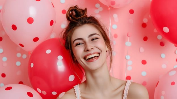 Young adult woman with red and pink air balloons laughing, on pink polka dots background. Happy holiday party. Joyful beauty having fun, celebrating Valentine's Day. Neural network generated image.