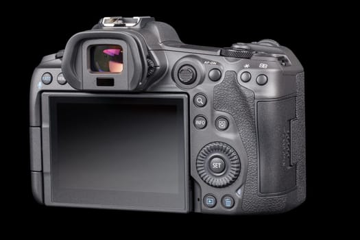 Canon R5 - black professional 35mm full-frame mirrorless camera body with flip screen isolated on black background with focus stacking - Tula, Russia, September 15, 2021