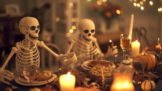 Skeletons sitting at the table and having a Halloween party. Neural network generated image. Not based on any actual scene or pattern.