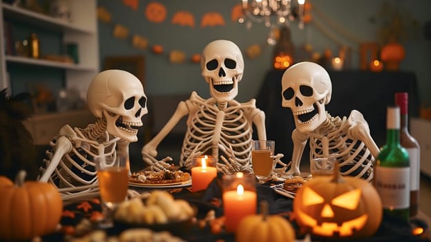 Skeletons sitting at the table and having a Halloween party. Neural network generated image. Not based on any actual scene or pattern.