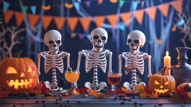 Skeletons sitting at the table and having a Halloween party. Neural network generated image. Not based on any actual scene or pattern.