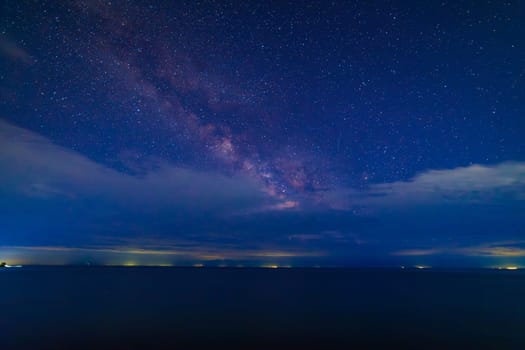 starry night sky with few clouds over large mountain lake at night